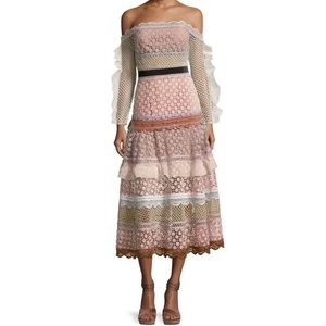 NWT Self - Portrait Off Shoulder Bellis Lace Trim Dress in Multi Color Size 4